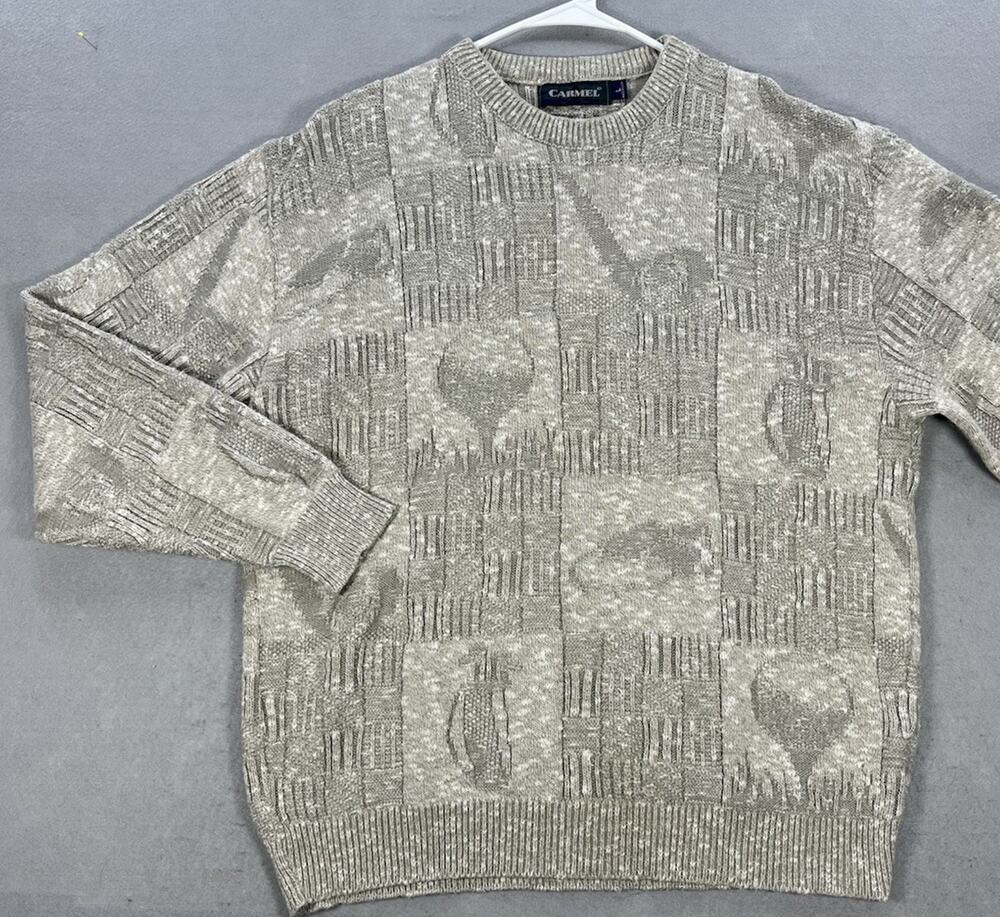 Carmel Mens Large Cotton Sweater Textured Knit Crewneck Vintage 3d Golf Theme